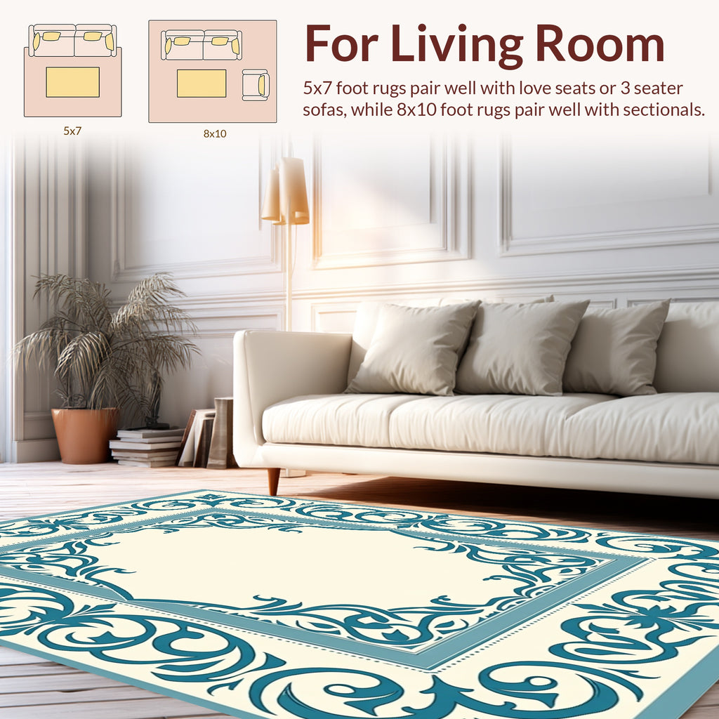 Ornate Teal Scrollwork Classic Pattern Rug