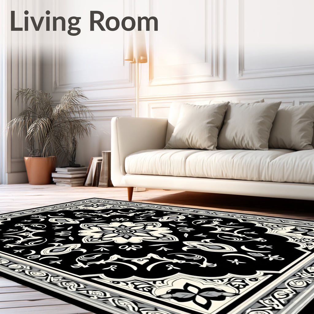 Classic Black Ivory Floral Medallion Rug
