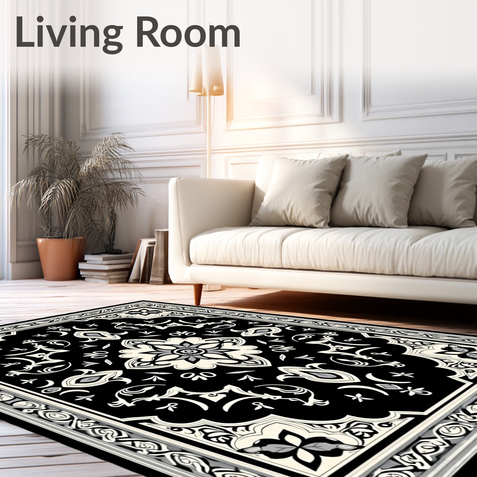 Classic Black Ivory Floral Medallion Rug