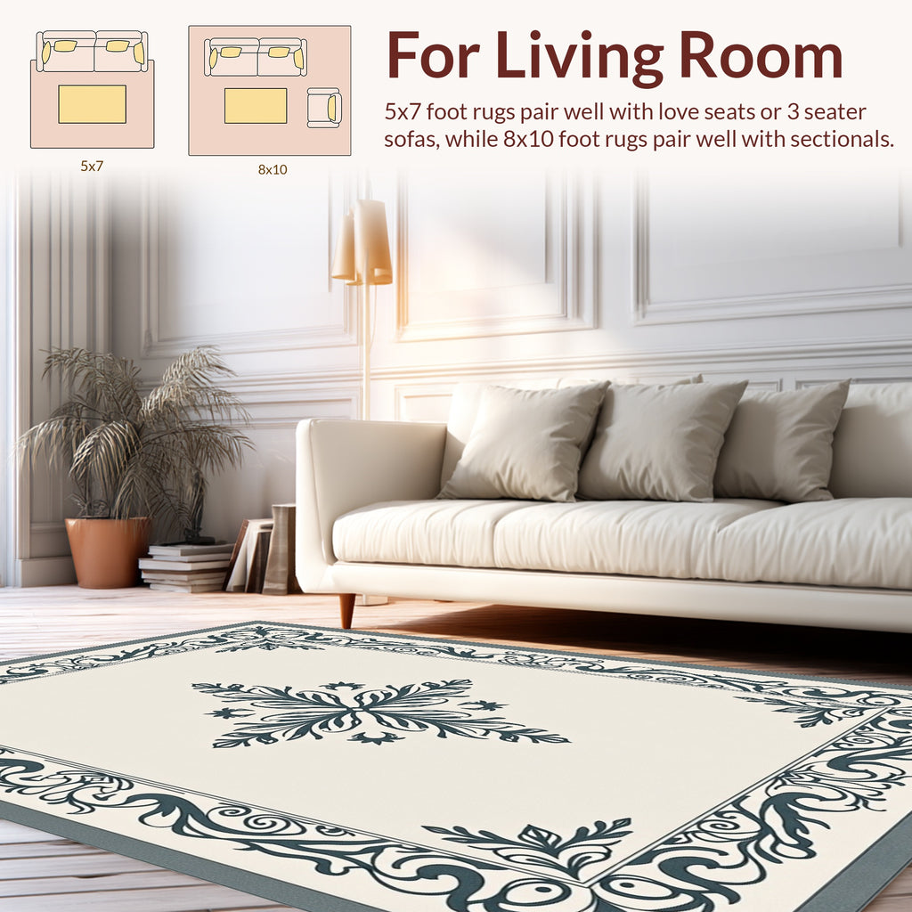 Ornate Floral Scrollwork Framed Rug