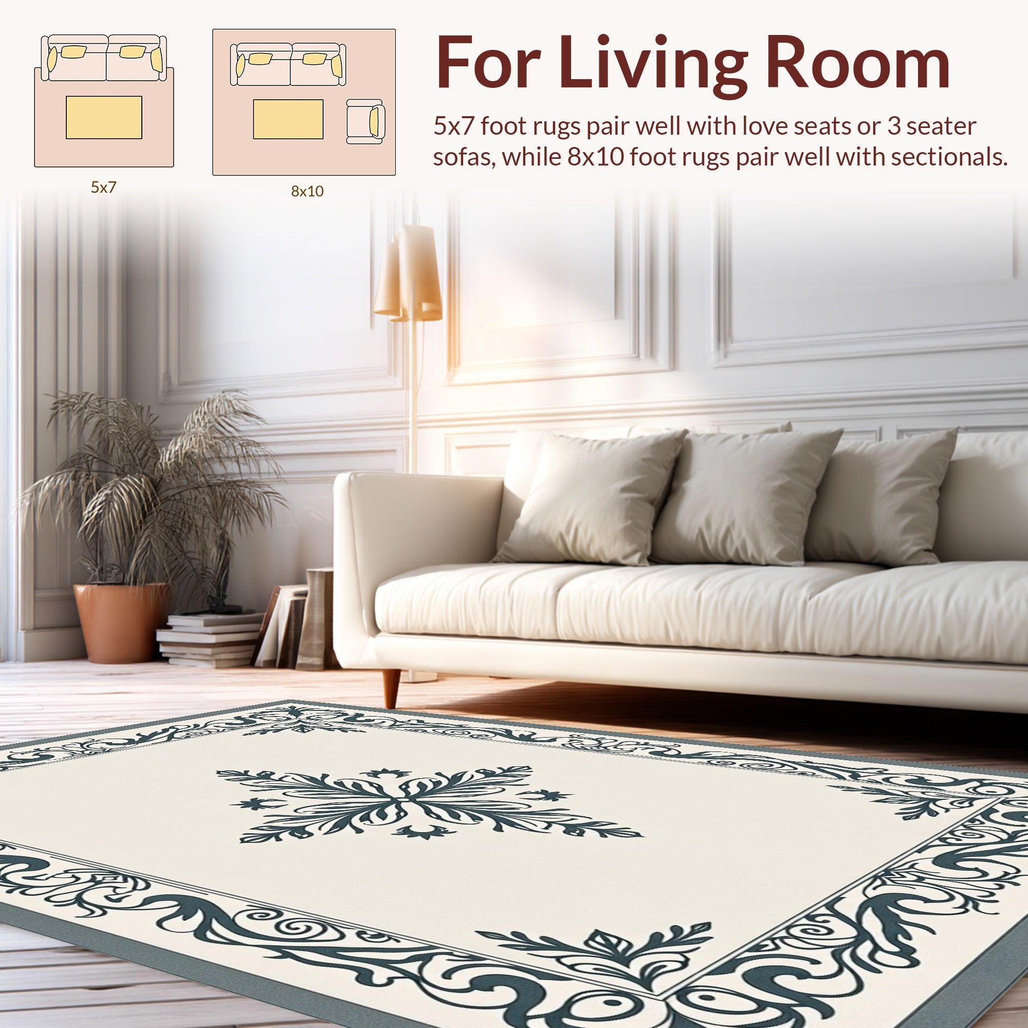 Ornate Floral Scrollwork Framed Rug