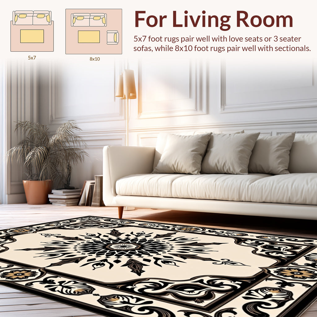 Ornate Black Gold Floral Mandala Rug