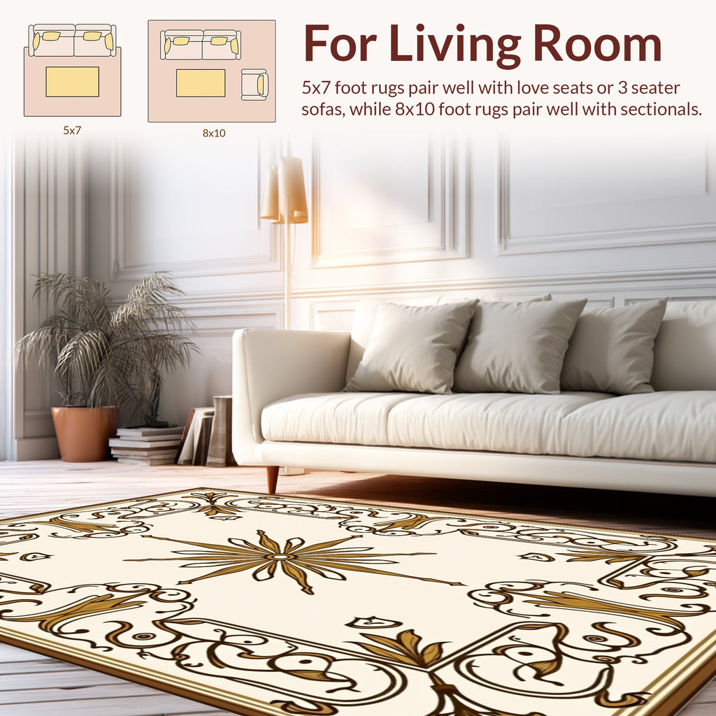 Ornate Brown Gold Floral Border Rug