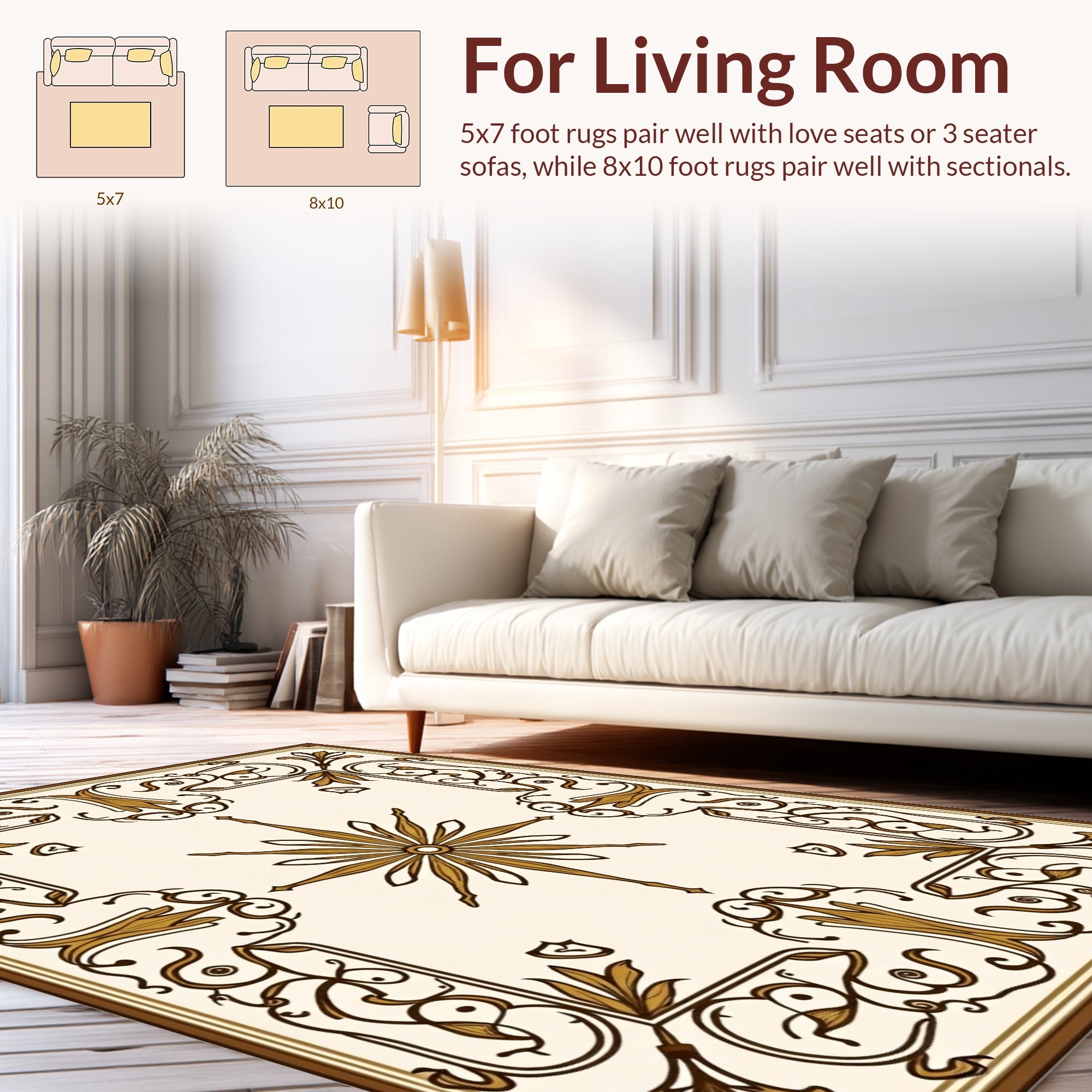 Ornate Brown Gold Floral Border Rug