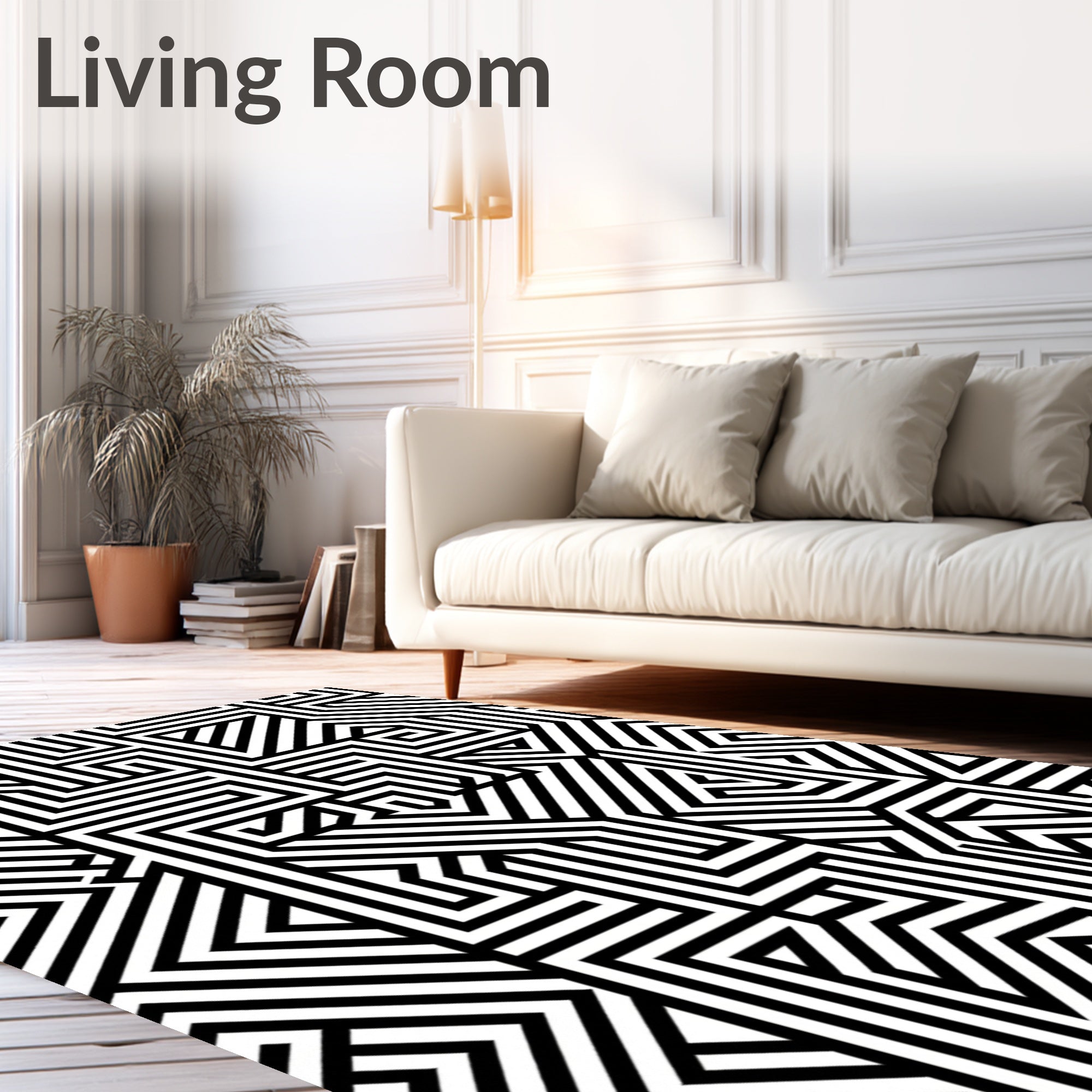 Bold Black White Geometric Maze Pattern Rug