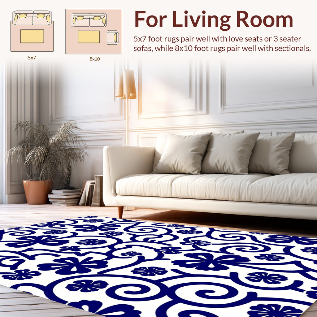 Blue Floral Vine Scroll Rug