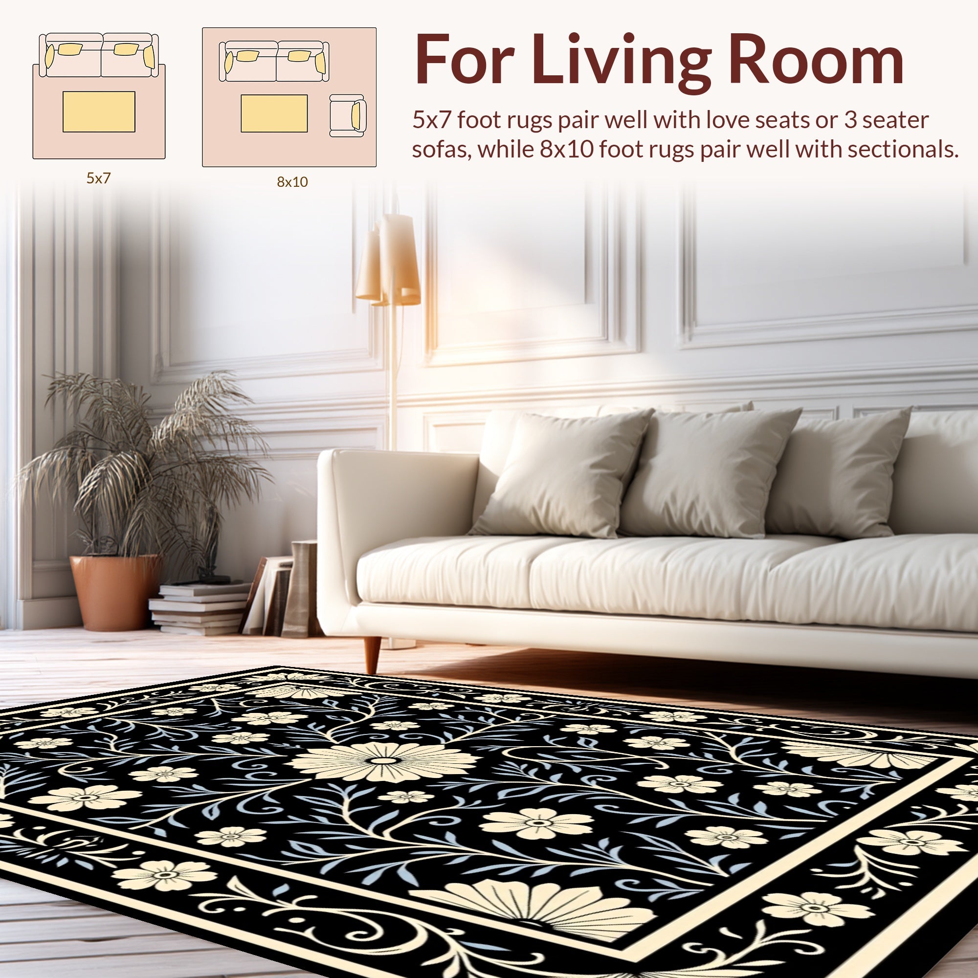 Chic Floral Vines Black Cream Pattern Rug