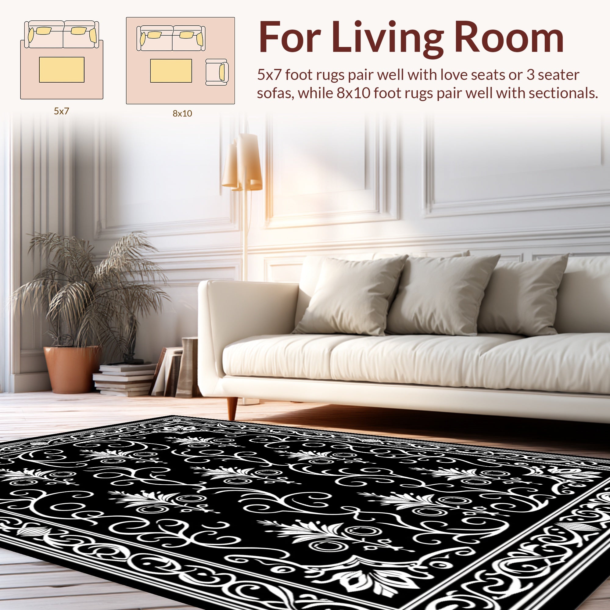 Black White Floral Vine Border Rug