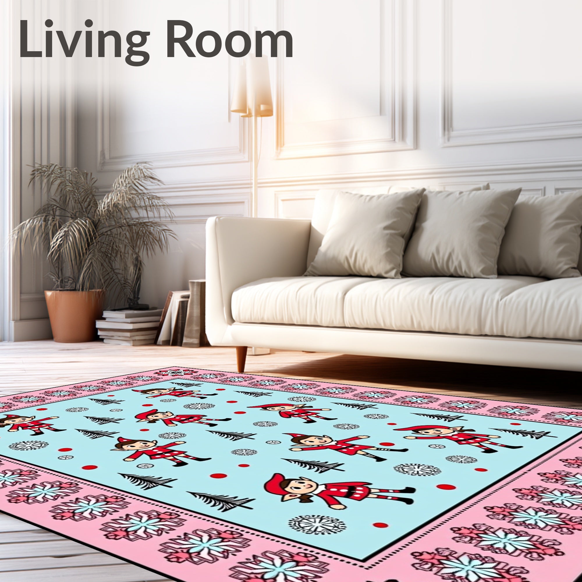Playful Elf And Tree Snow Border Rug
