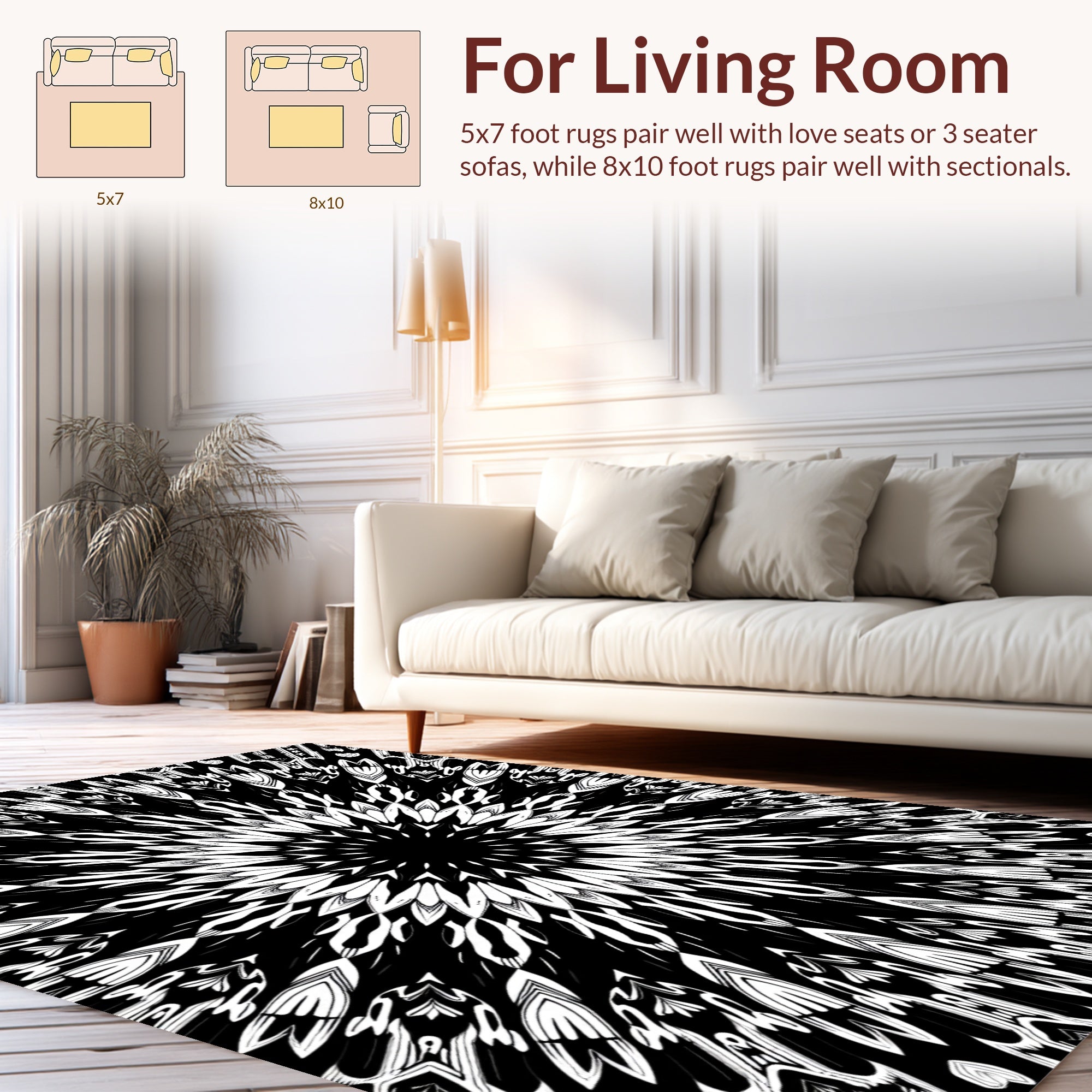 Bold Black White Radial Pattern Rug