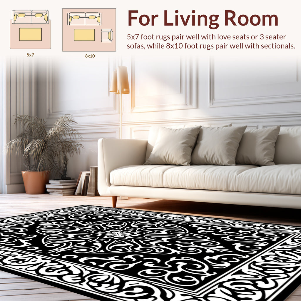 Intricate Floral Scrollwork Black White Rug