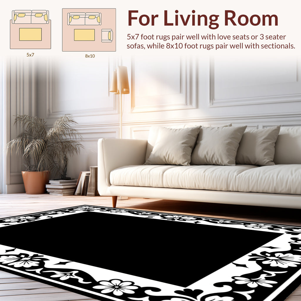 Black And White Floral Border Design Rug