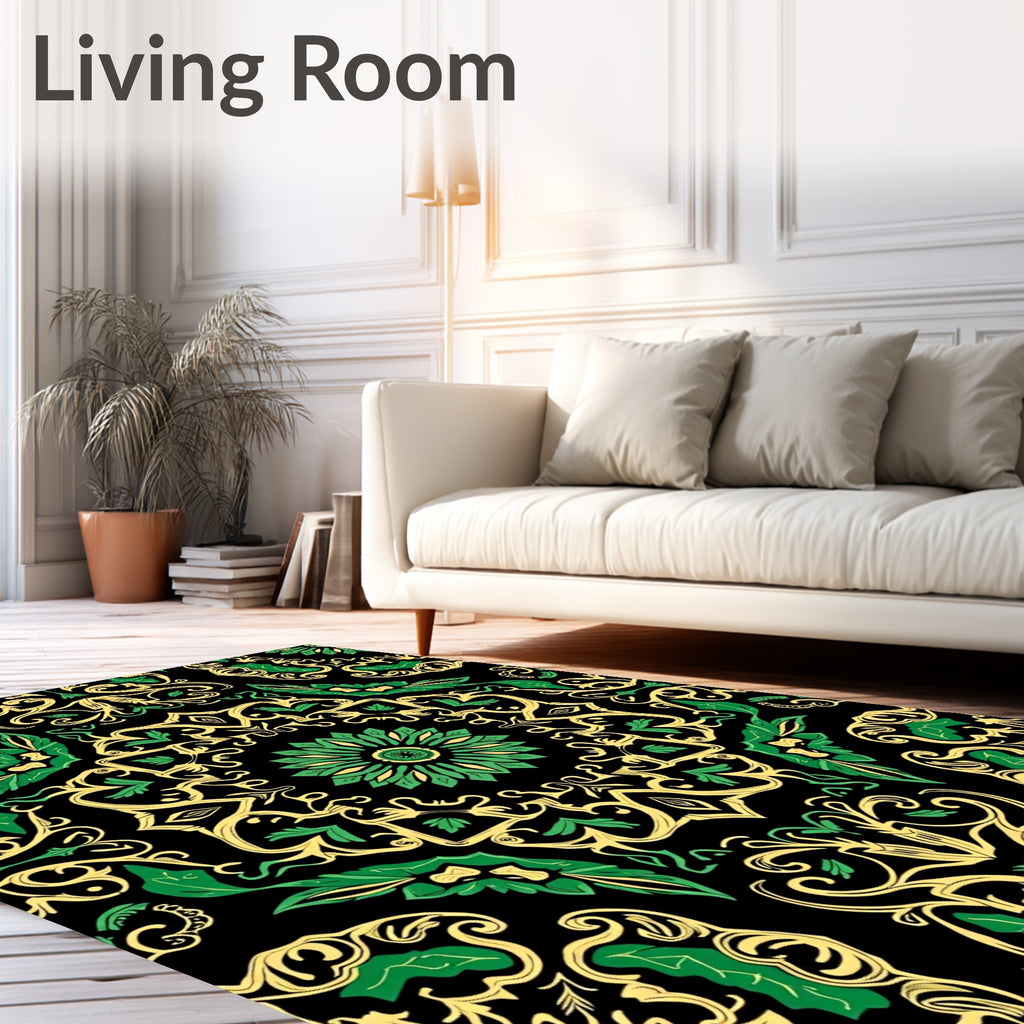 Emerald Gold Filigree Mandala Rug