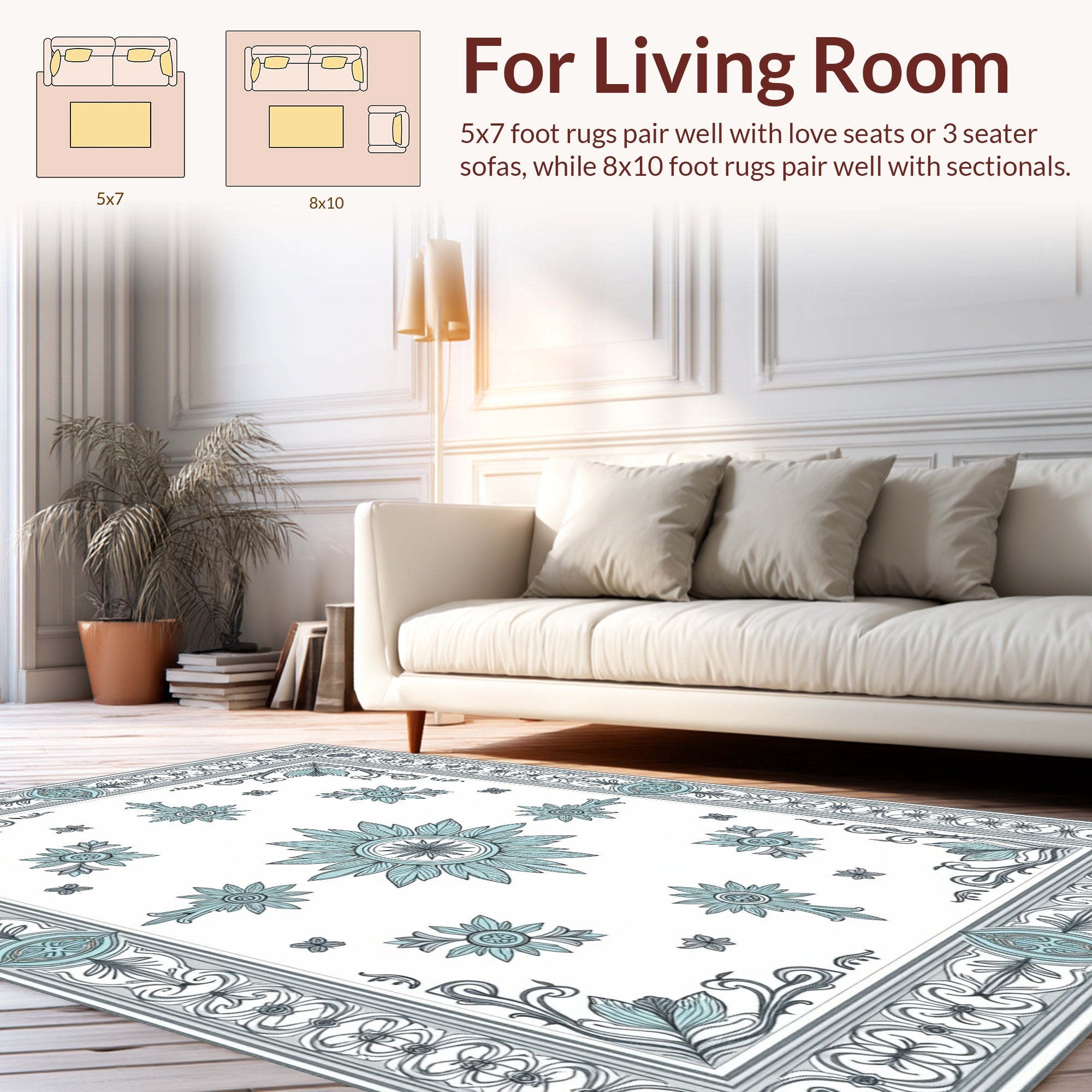 Elegant Teal Floral Medallion Border Rug
