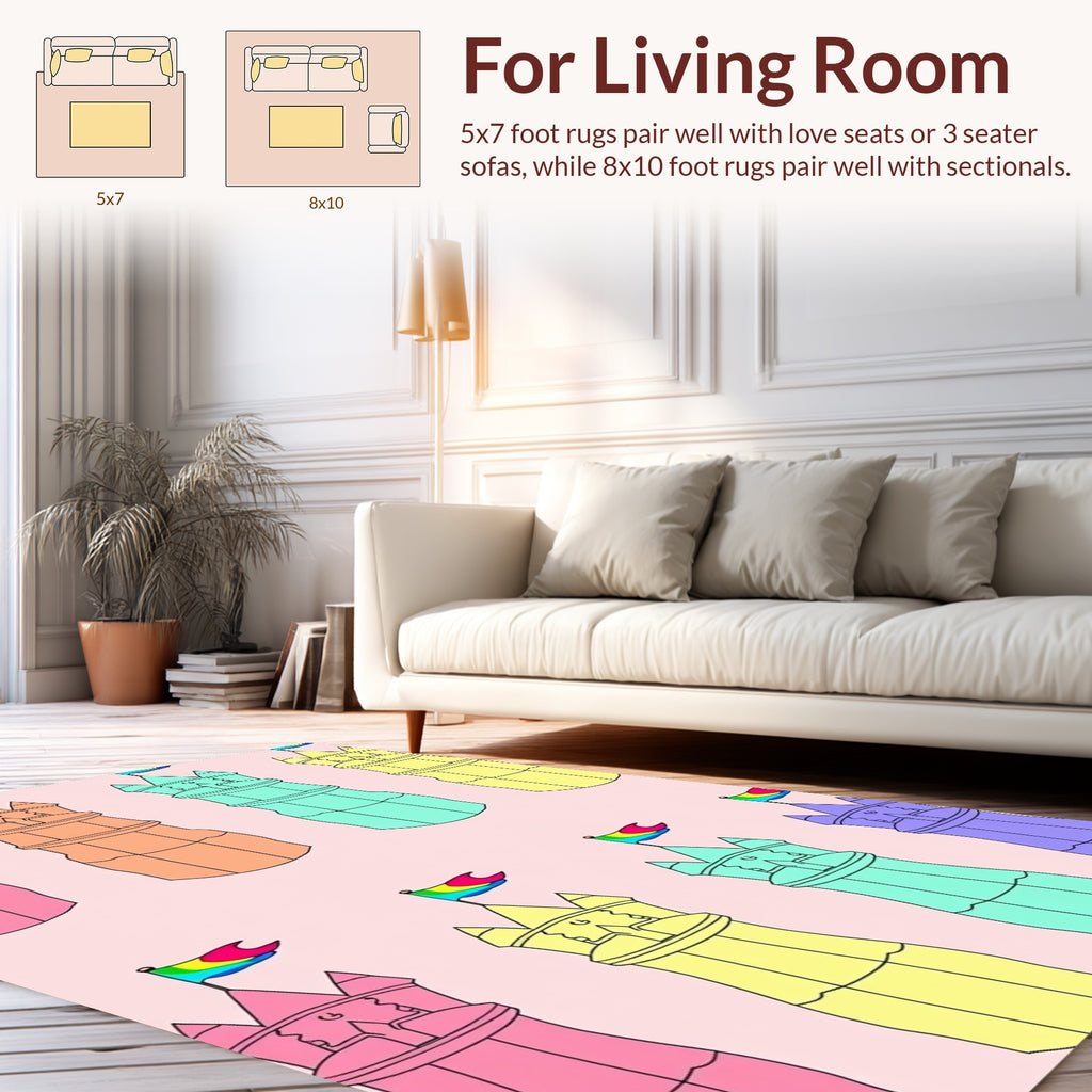 Pastel Castle Towers Rainbow Pattern Rug