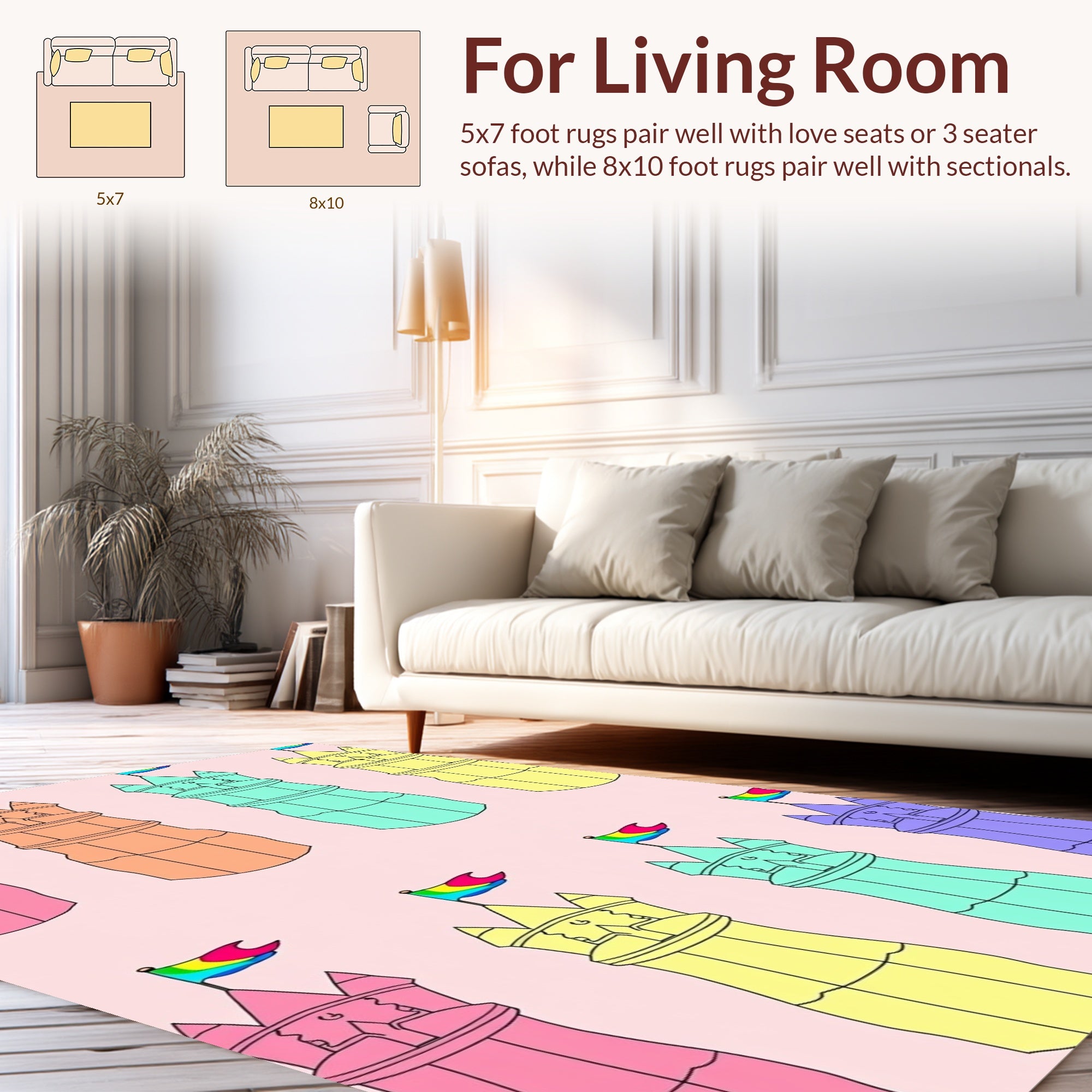 Pastel Castle Towers Rainbow Pattern Rug