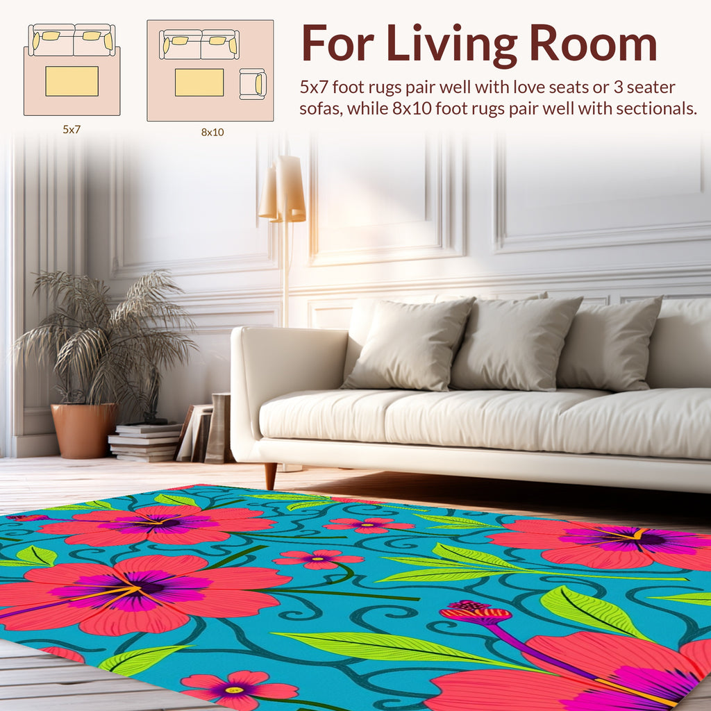 Vibrant Pink Hibiscus Teal Swirl Pattern Rug