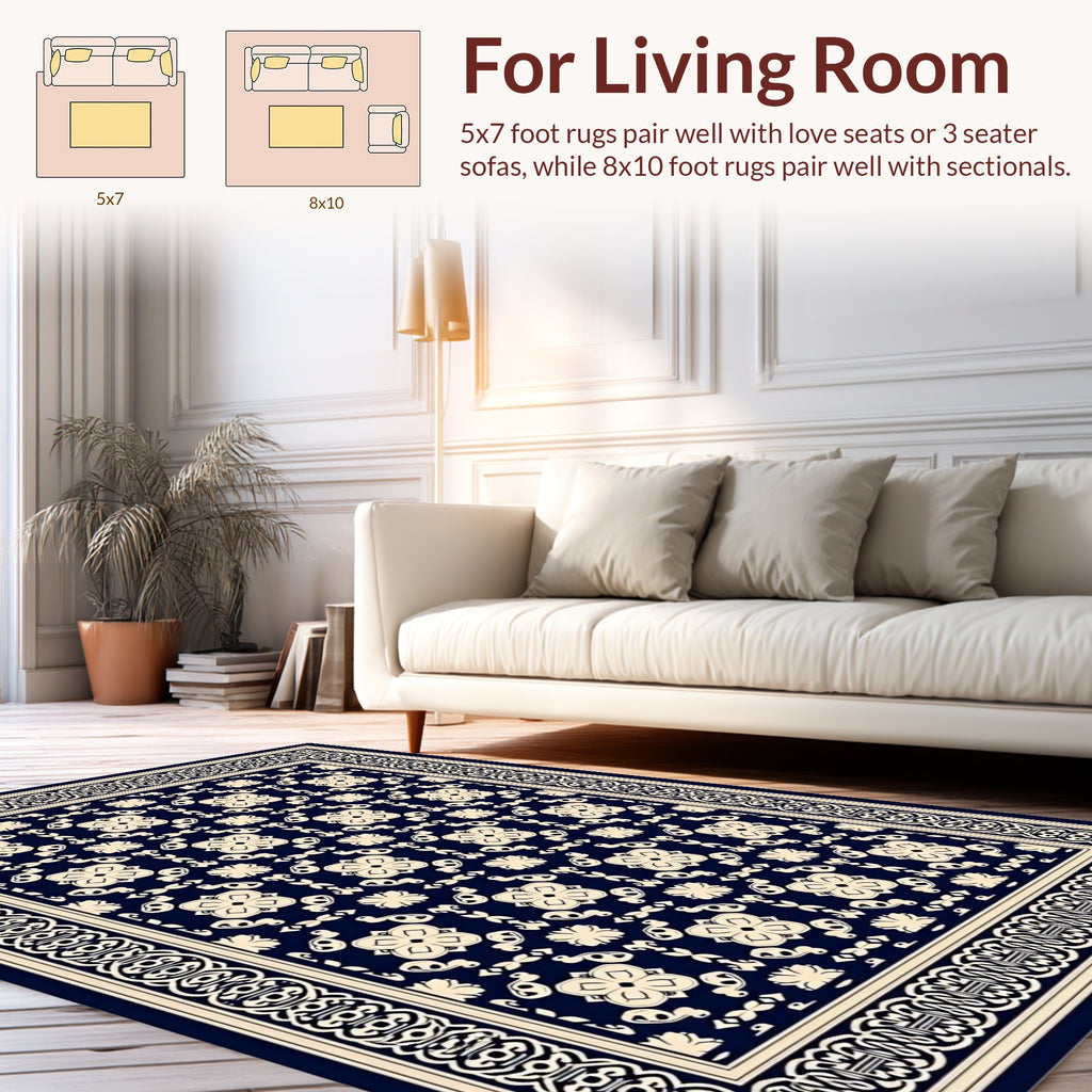 Classic Navy Floral Border Pattern Rug