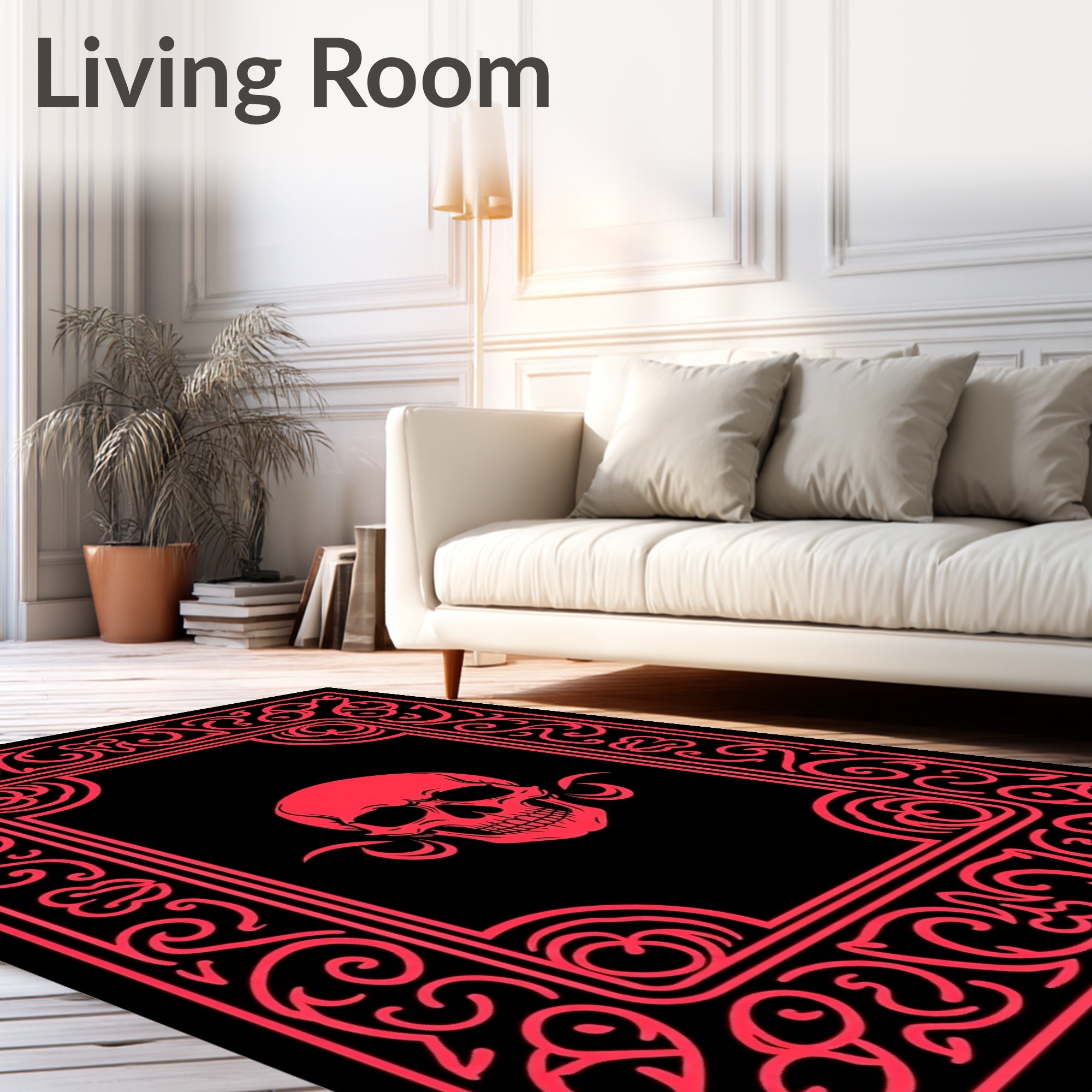 Bold Crimson Skull Ornate Frame Rug