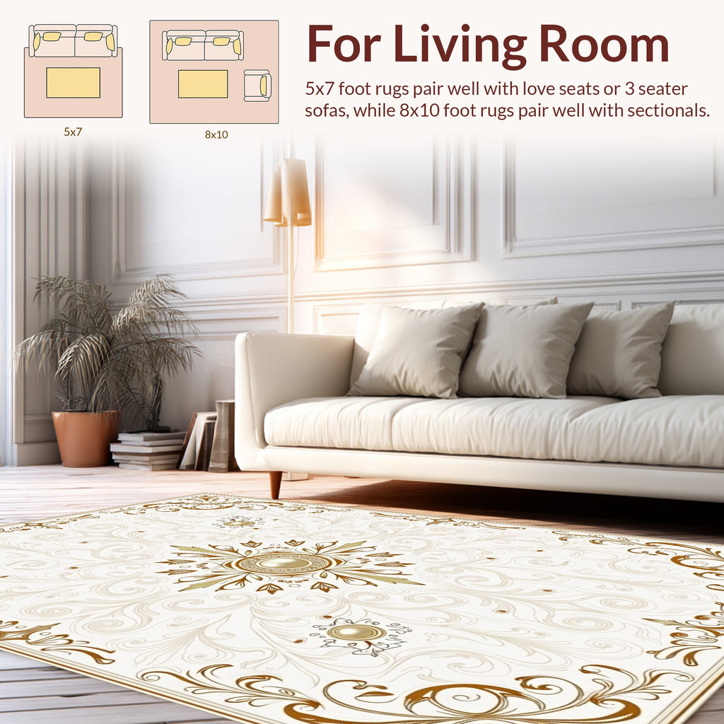 Elegant Gold Floral Scroll Pattern Rug
