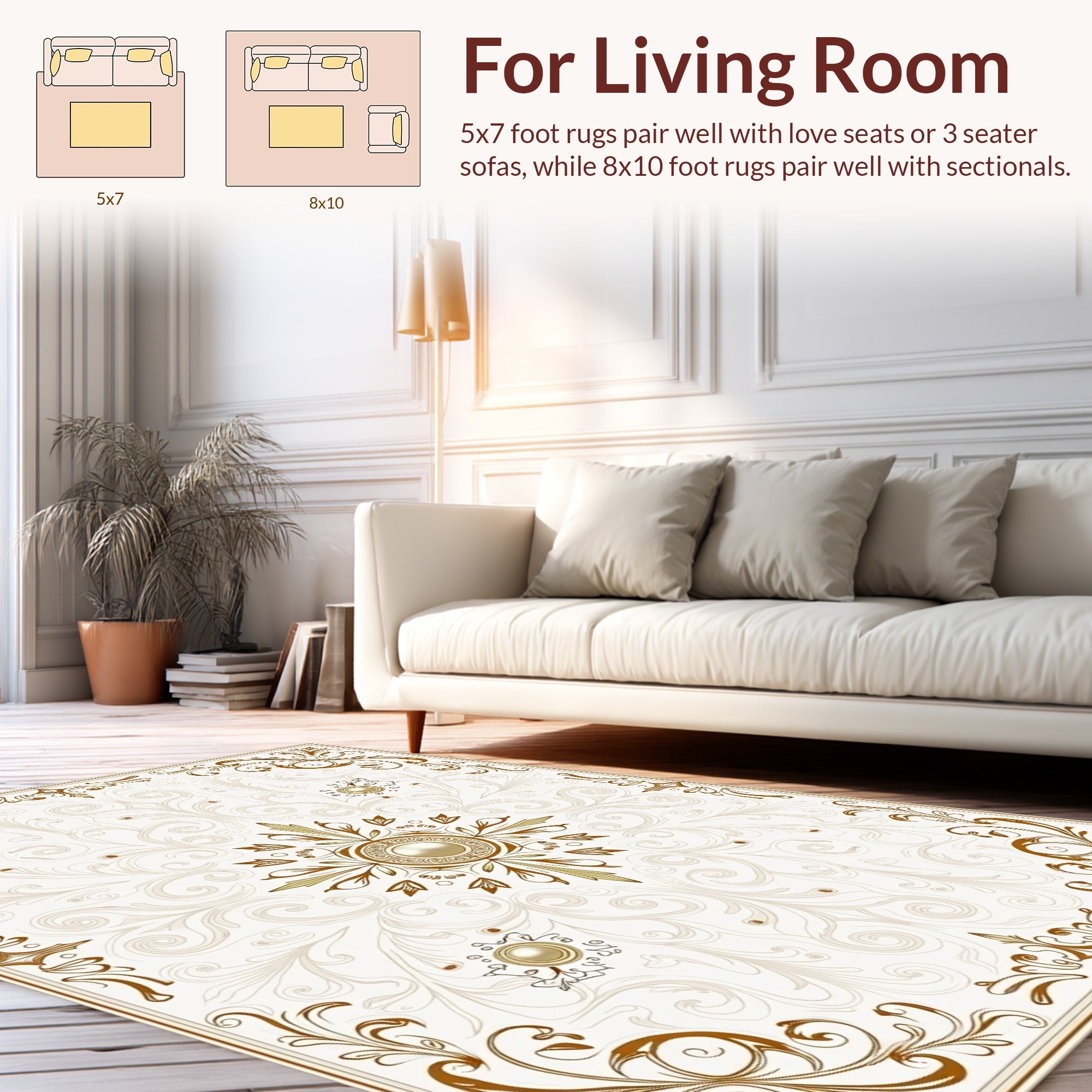 Elegant Gold Floral Scroll Pattern Rug