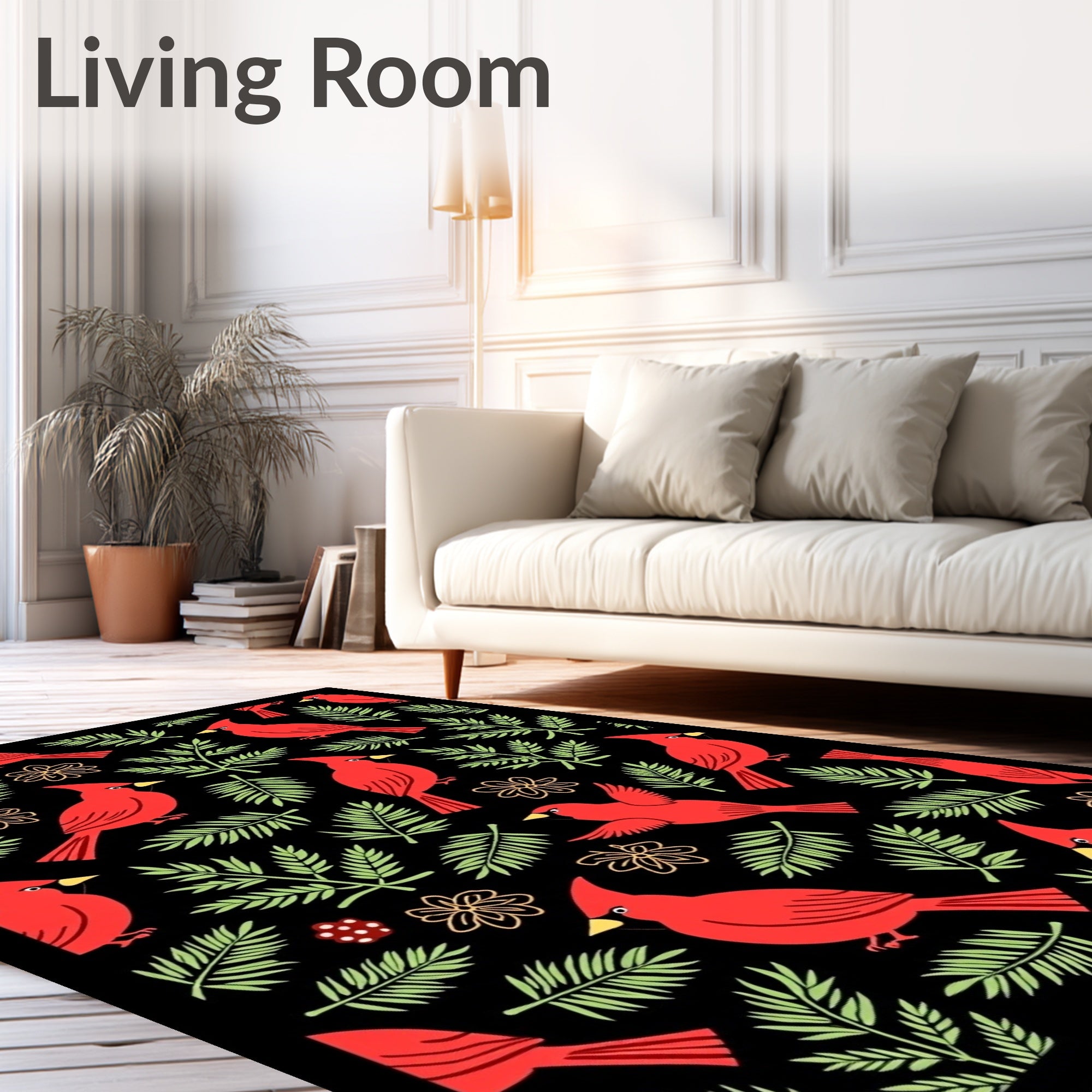 Red Cardinal Bird Green Leaf Floral Rug