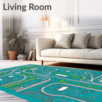 Whimsical Teal City Maze Art Rug