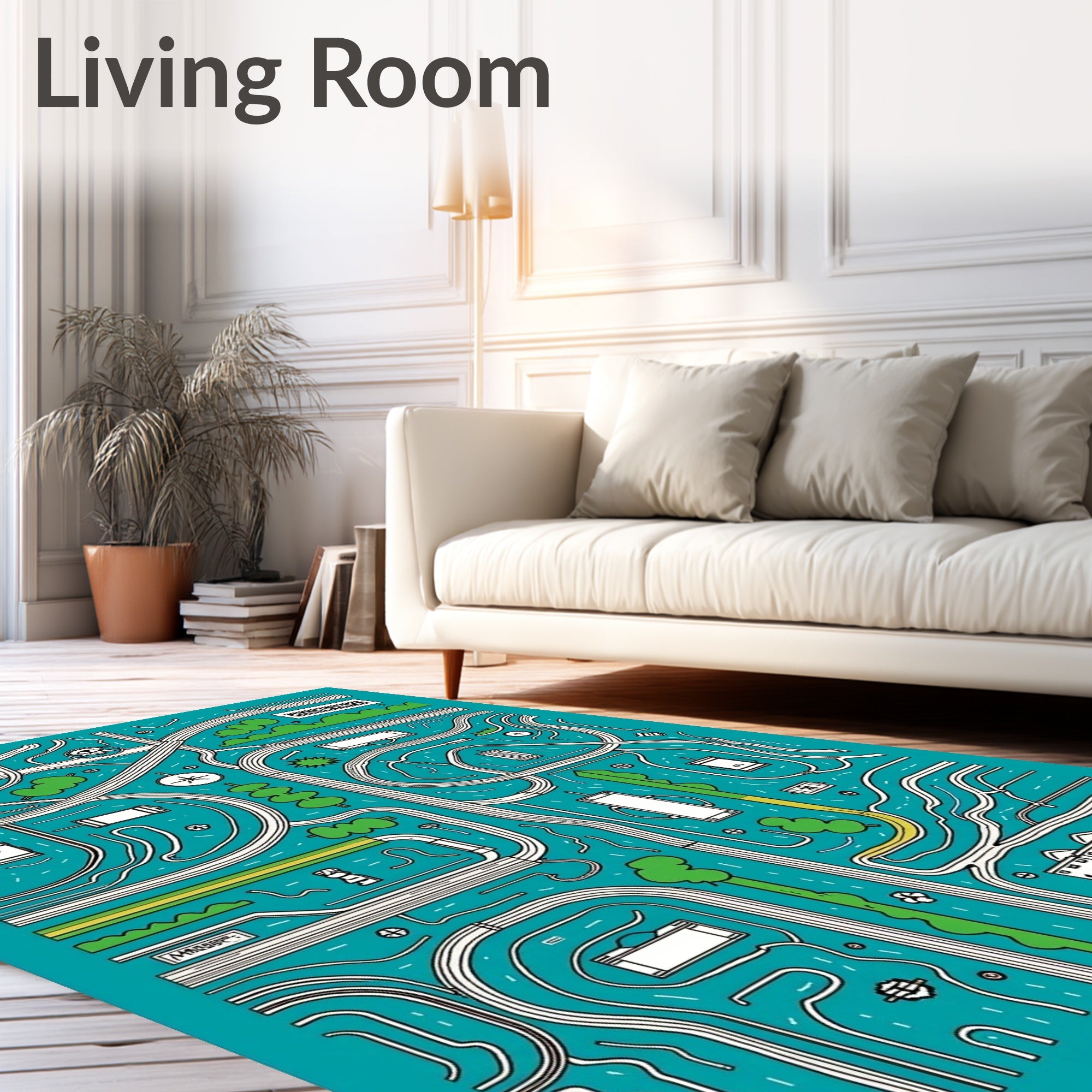 Whimsical Teal City Maze Art Rug