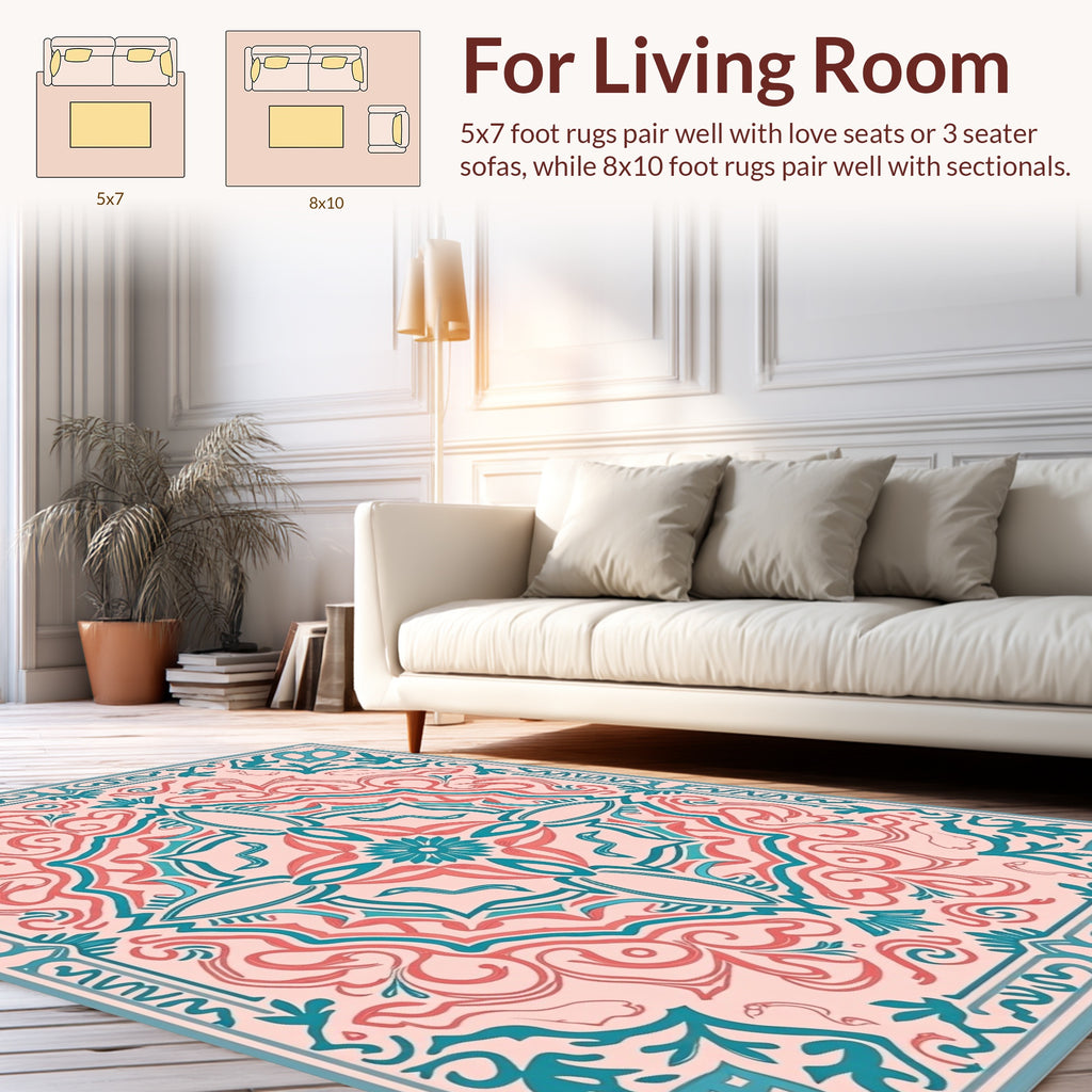 Coral Teal Floral Mandala Design Rug