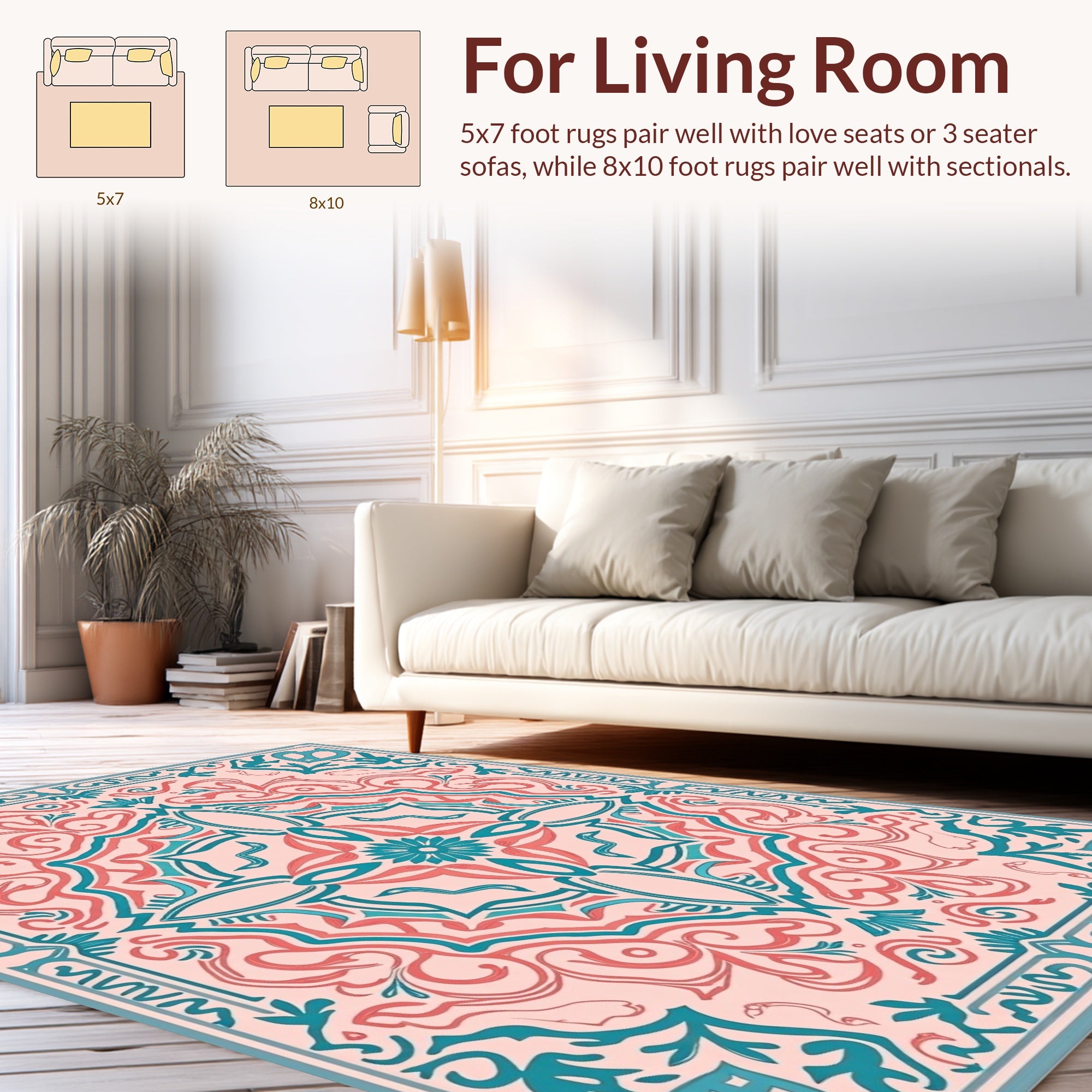 Coral Teal Floral Mandala Design Rug