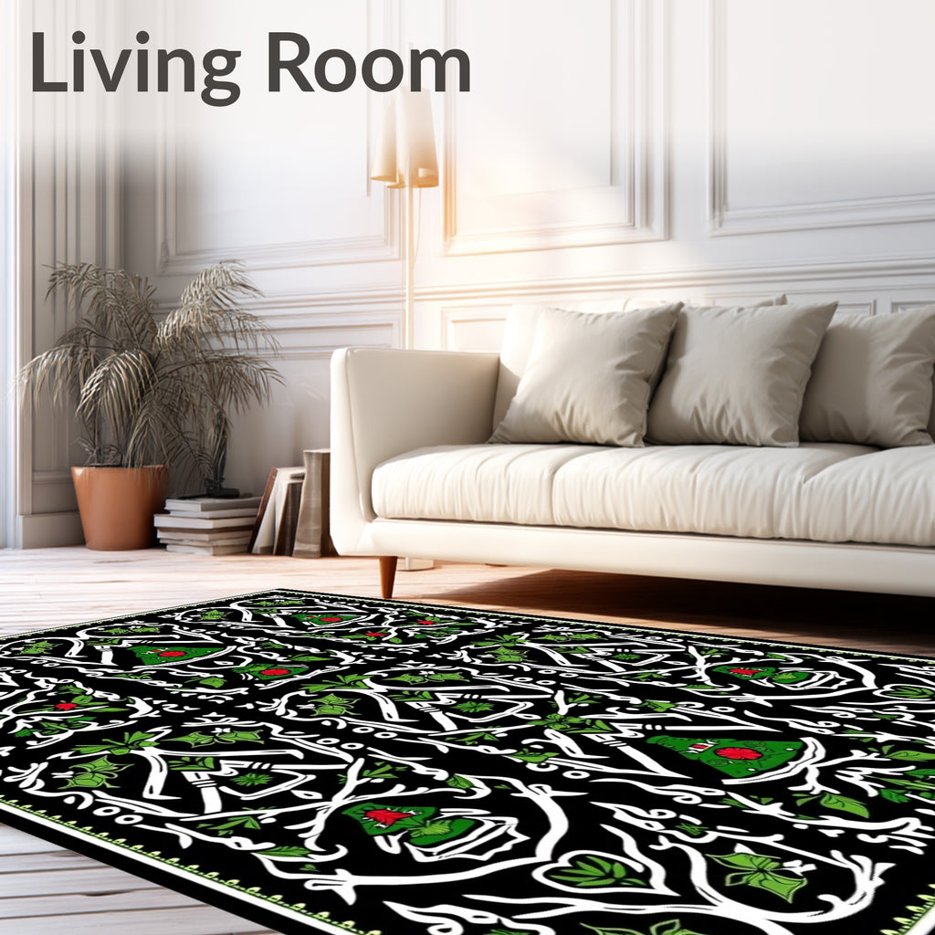Black White Green Floral Art Nouveau Rug