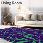 Vibrant Green Leaf Swirls on Purple Rug