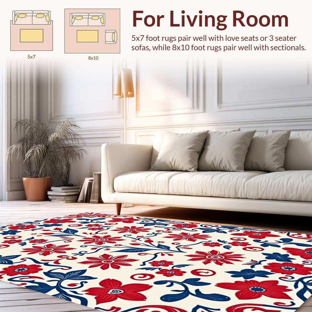 Red Blue Floral Pattern Design Rug