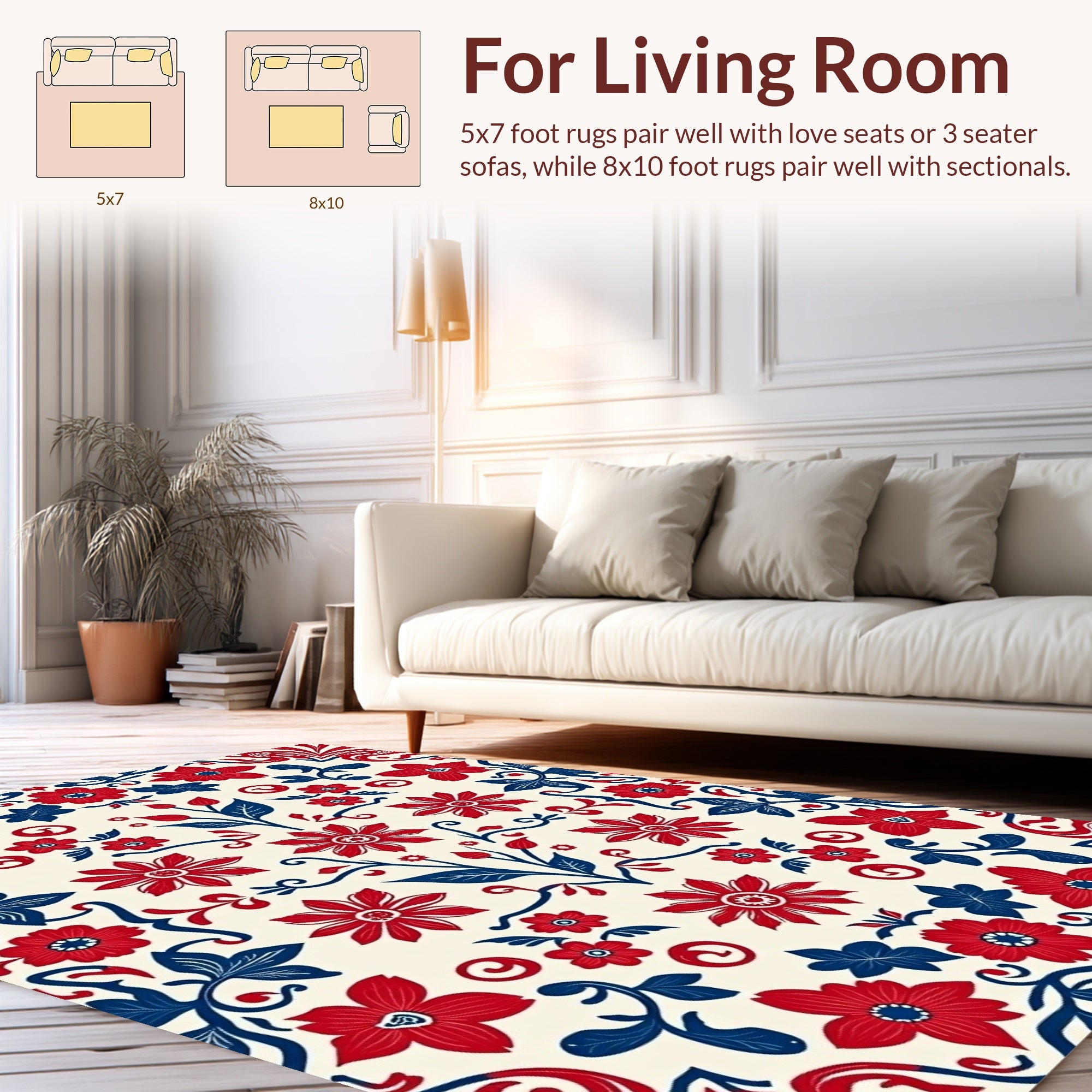 Red Blue Floral Pattern Design Rug
