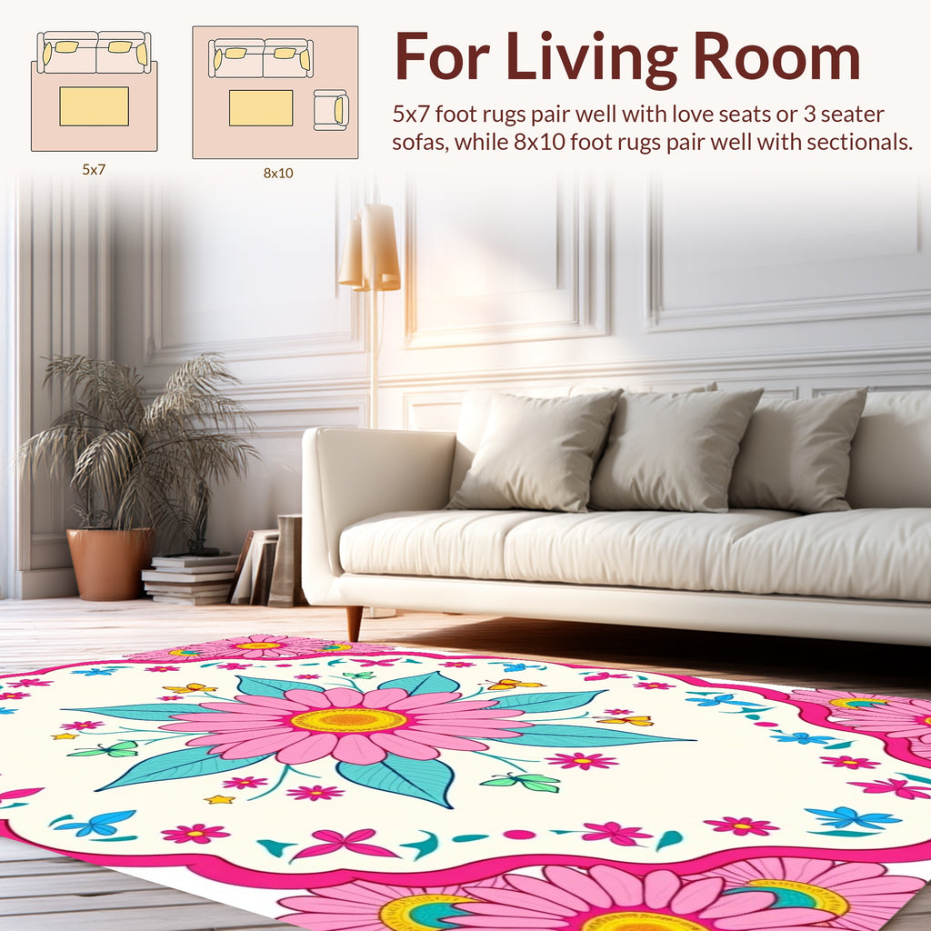 Pink Daisy Butterfly Floral Pattern Rug