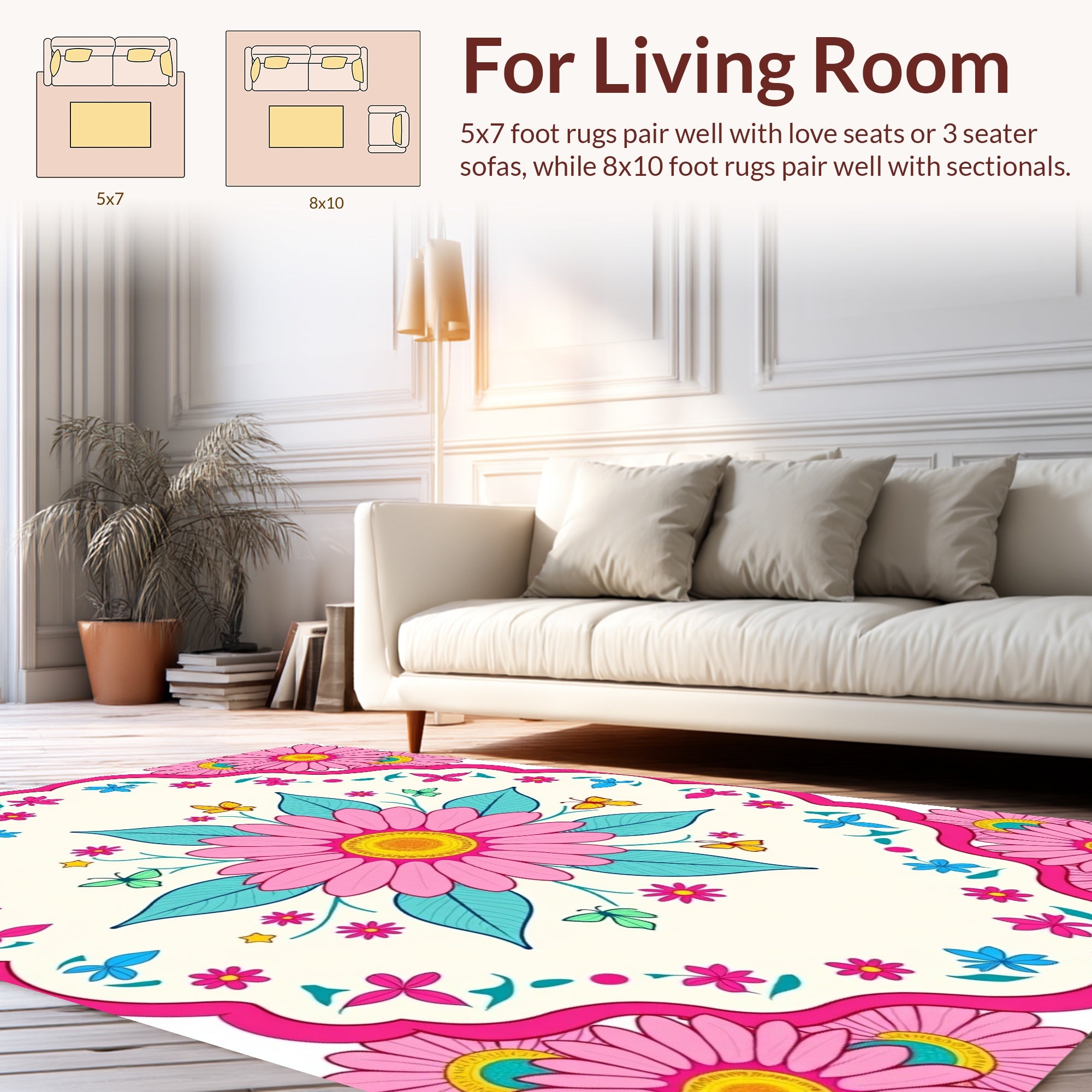 Pink Daisy Butterfly Floral Pattern Rug