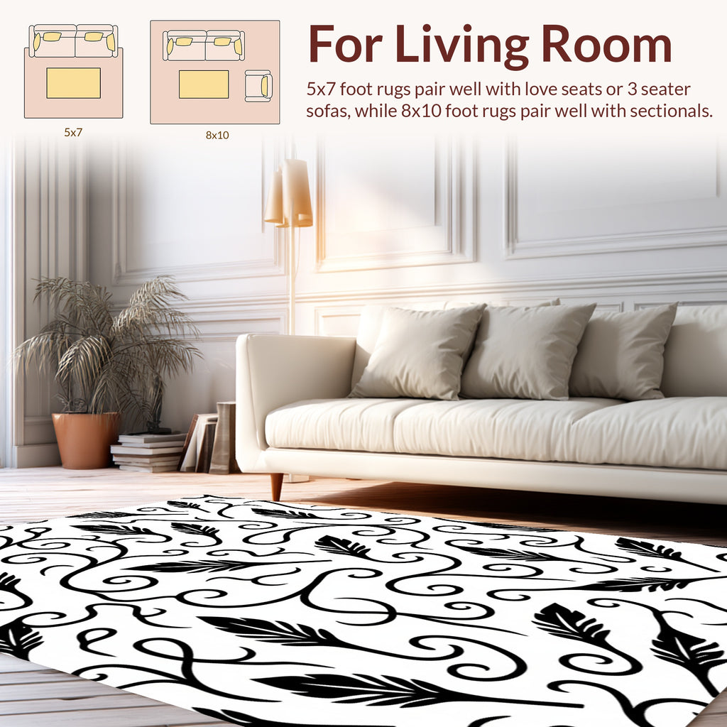 Black White Feather Vine Swirl Design Rug