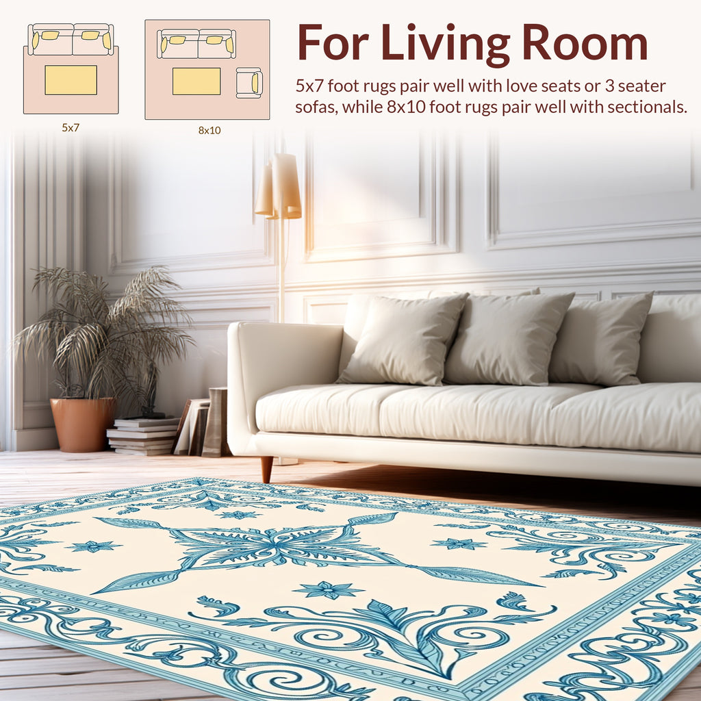 Elegant Blue Floral Symmetry Pattern Rug