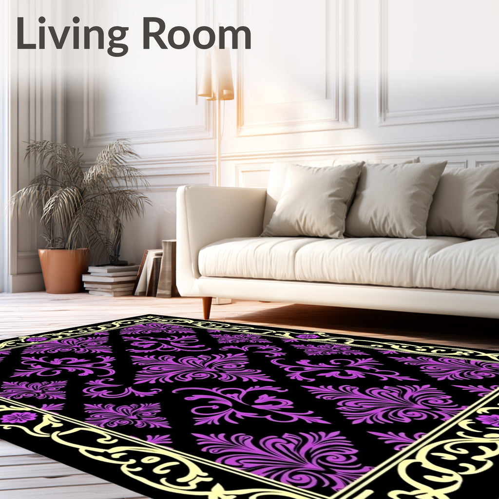 Black Purple Floral Damask Border Rug