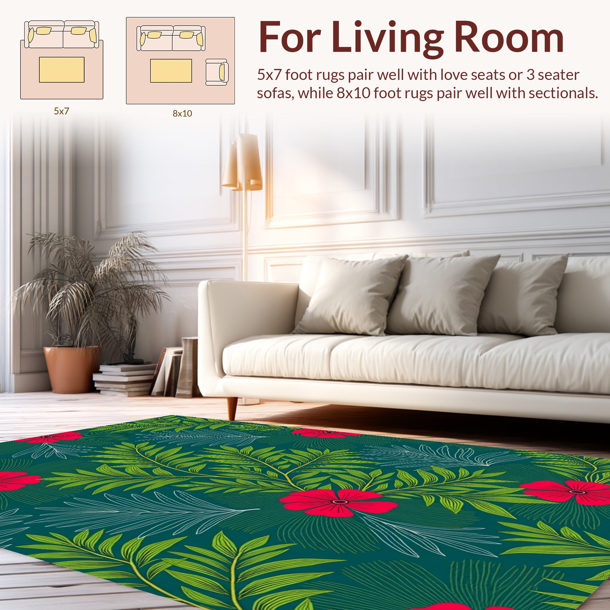 Vibrant Red Floral Green Leaf Pattern Rug