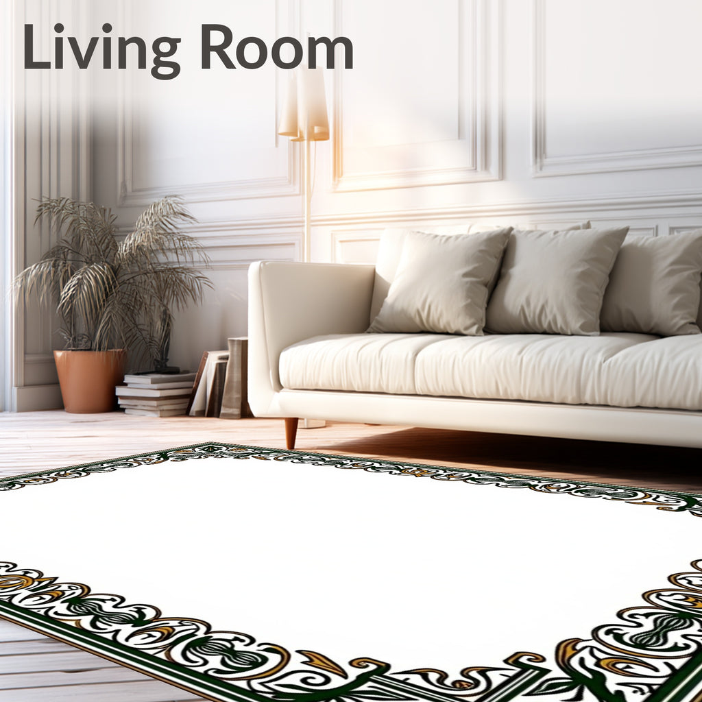 Ornate Green and Gold Filigree Border Rug