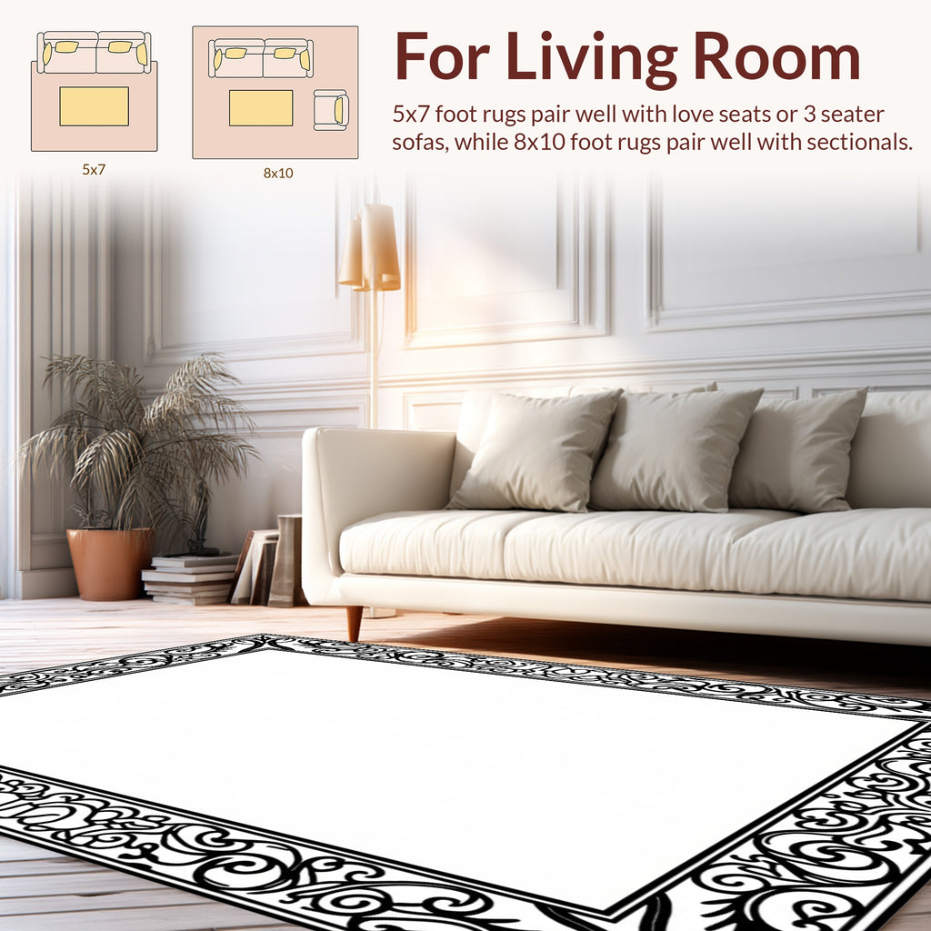 Ornate Black White Scrollwork Rug