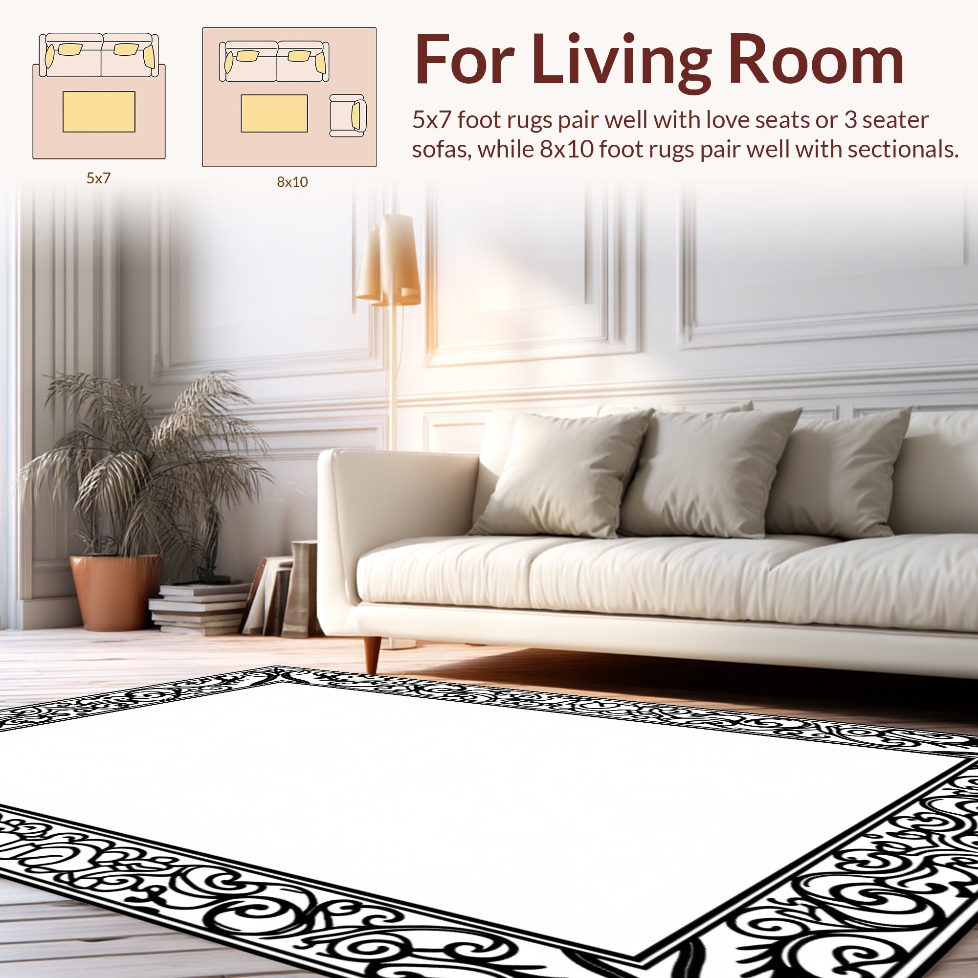 Ornate Black White Scrollwork Rug