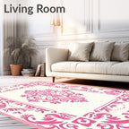 Ornate Pink Damask Border Rug