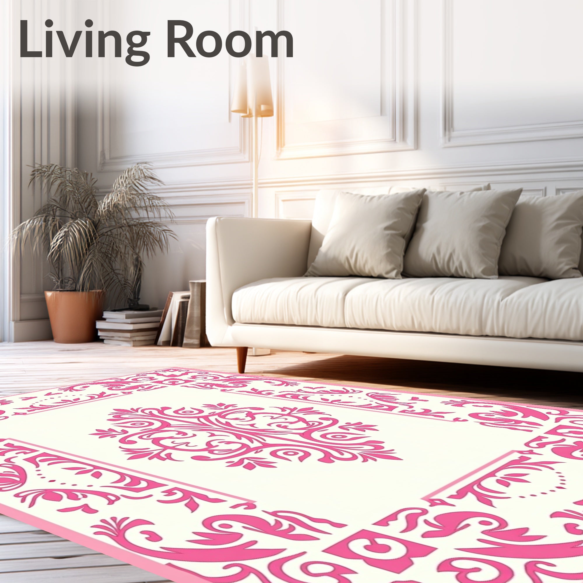Ornate Pink Damask Border Rug