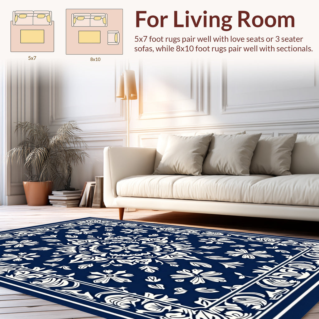 Classic Navy Floral Mandala Design Rug