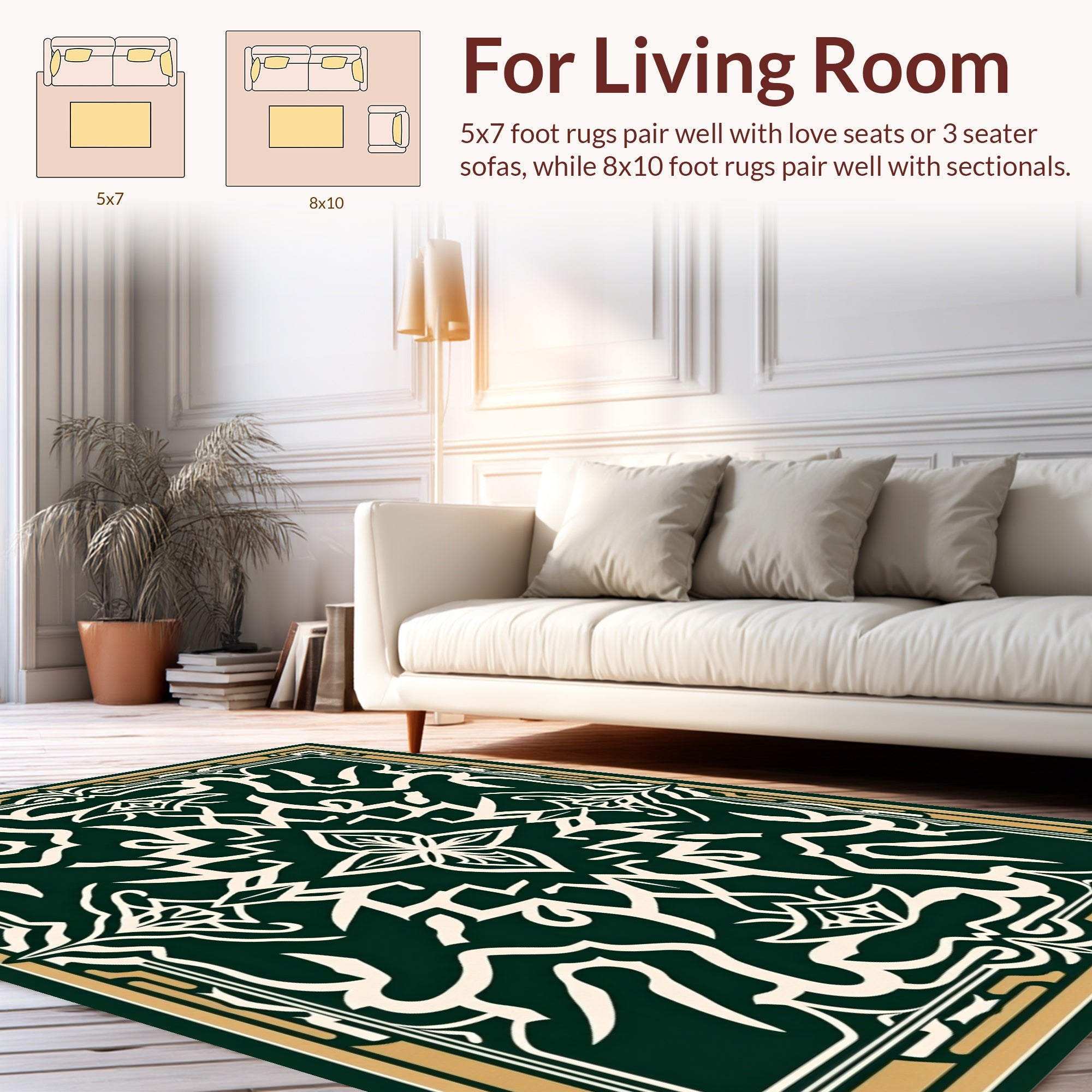 Intricate Dark Green Gold Motif Rug