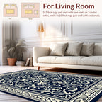 Deep Navy Cream Floral Scroll Design Rug