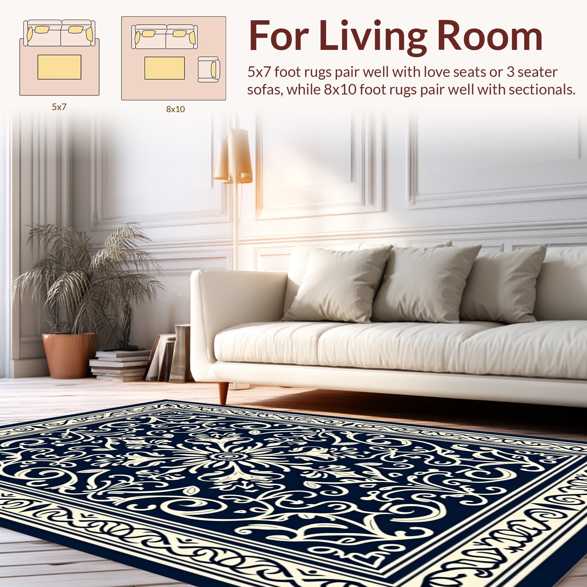 Deep Navy Cream Floral Scroll Design Rug
