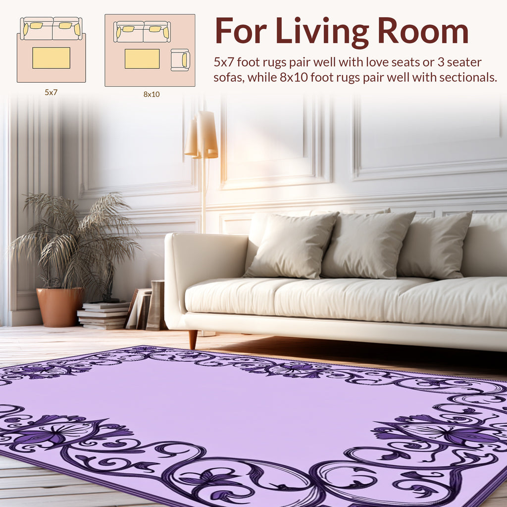Exquisite Purple Floral Scroll Frame Rug